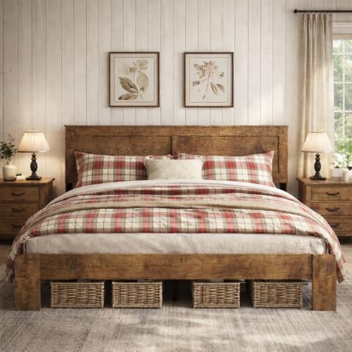 SAMTRA Wooden Bed Frame King Size with Headboard