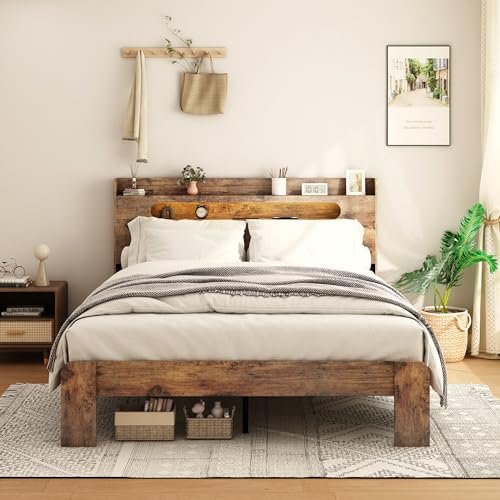 SAMTRA Wooden Queen Bed Frame with Storage Headboard