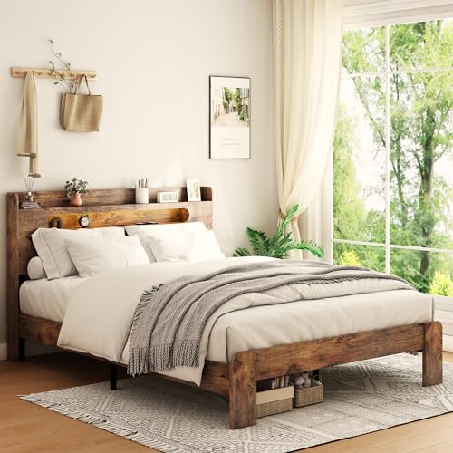 SAMTRA Wooden Queen Bed Frame with Storage Headboard